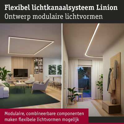 Flexibel Linion lichtkanaalsysteem met modulaire, combineerbare LED-lichtvormen in moderne woonruimtes.