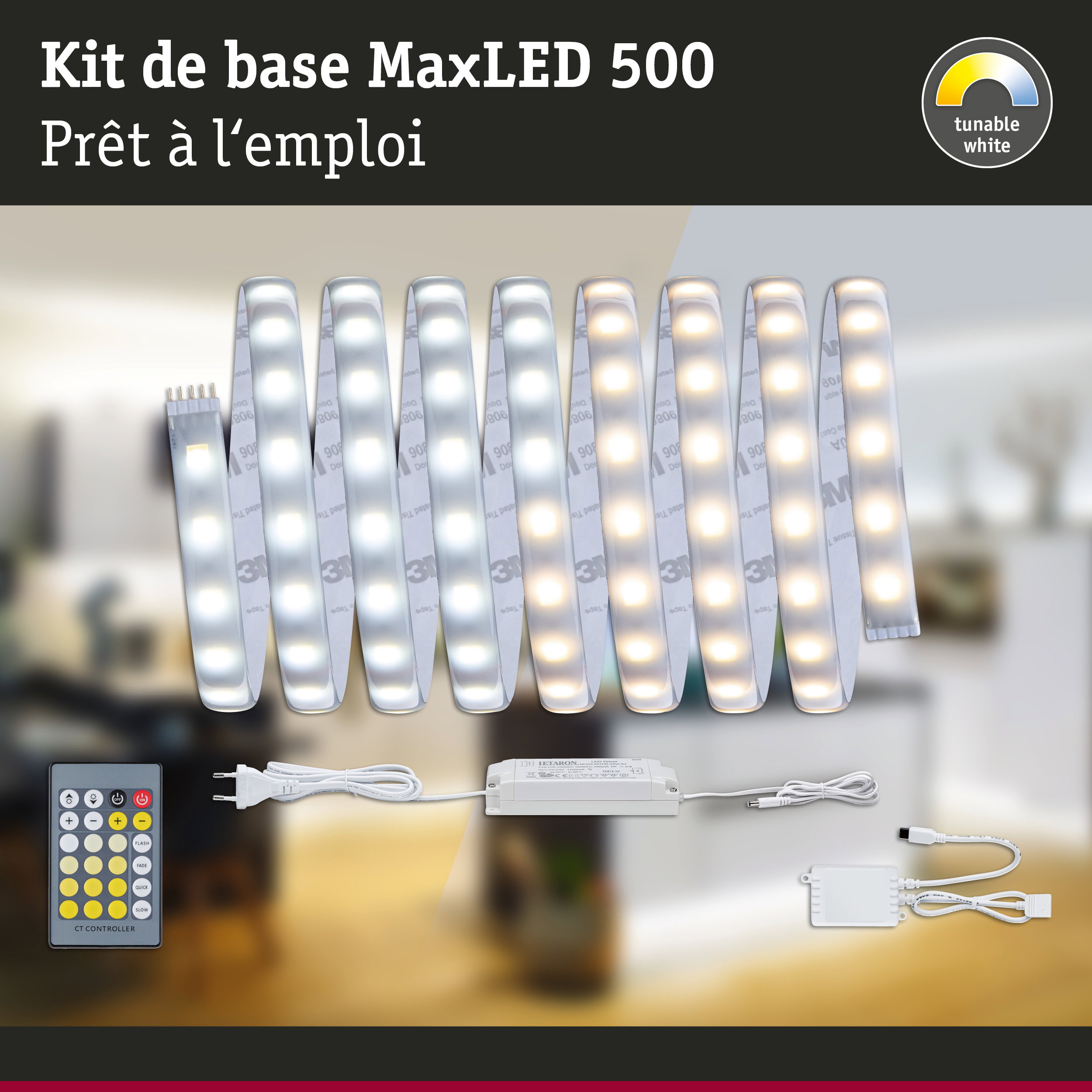Kit de base MaxLED 500 avec bandes LED blanches réglables et télécommande pour contrôle d'éclairage
