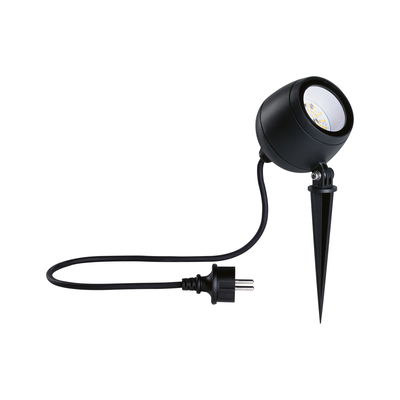 Black LED garden spotlight with ground spike and cable for outdoor lighting and garden use.