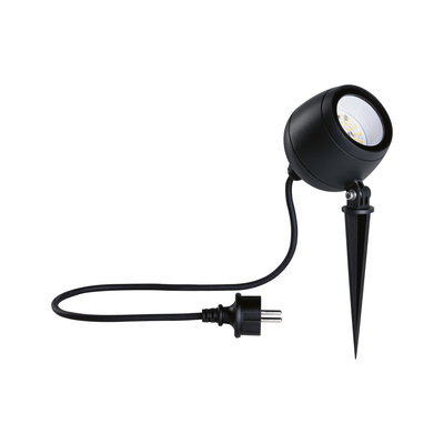 Zwarte LED-tuinschijnwerper met grondpen en kabel voor buitenverlichting en tuin.