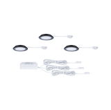 Trois spots LED encastrés ronds avec cadre noir et câbles blancs avec alimentation blanche pour éclairage intérieur.