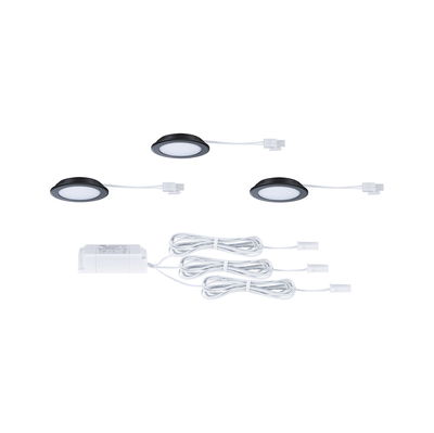 Trois spots LED encastrés ronds avec cadre noir et câbles blancs avec alimentation blanche pour éclairage intérieur.