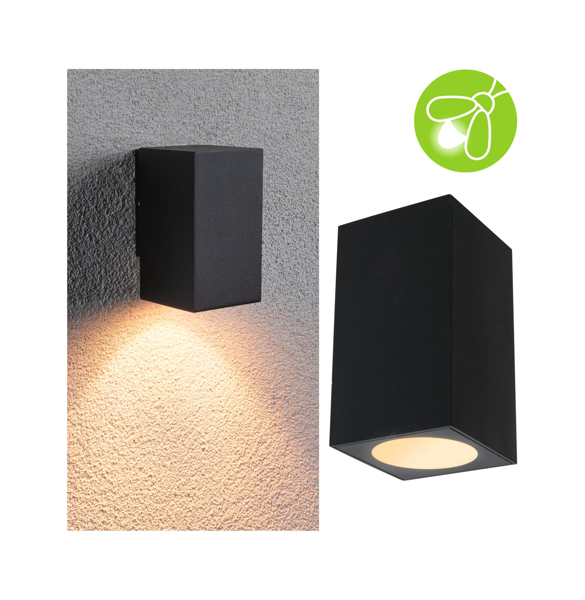 Applique murale extérieure rectangulaire noire en métal avec LED blanc chaud et symbole économie d'énergie