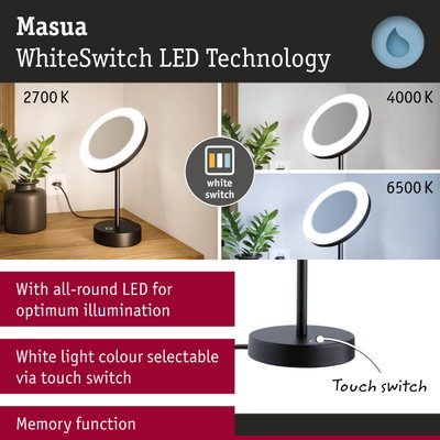 Black LED desk lamp with round light and adjustable white switch colour temperature from 2700K to 6500K