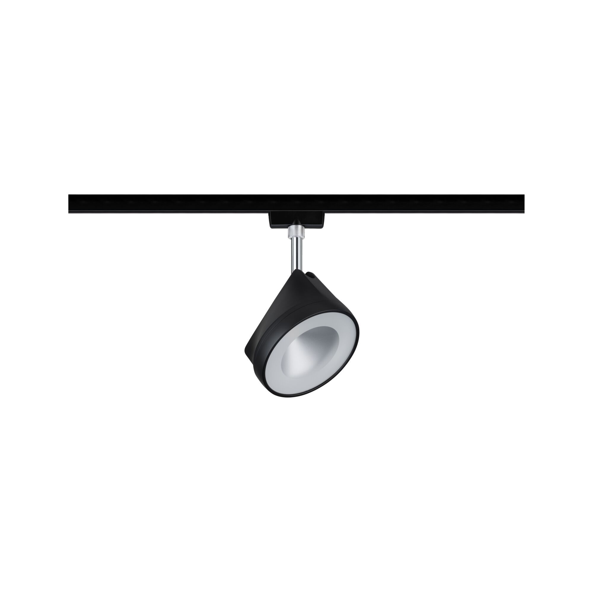 Black metal LED spotlight with silver joint on black track for adjustable lighting solutions