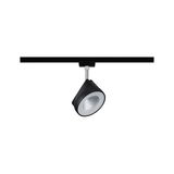 Black metal LED spotlight with silver joint on black track for adjustable lighting solutions