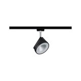 Black metal LED spotlight with silver joint on black track for adjustable lighting solutions