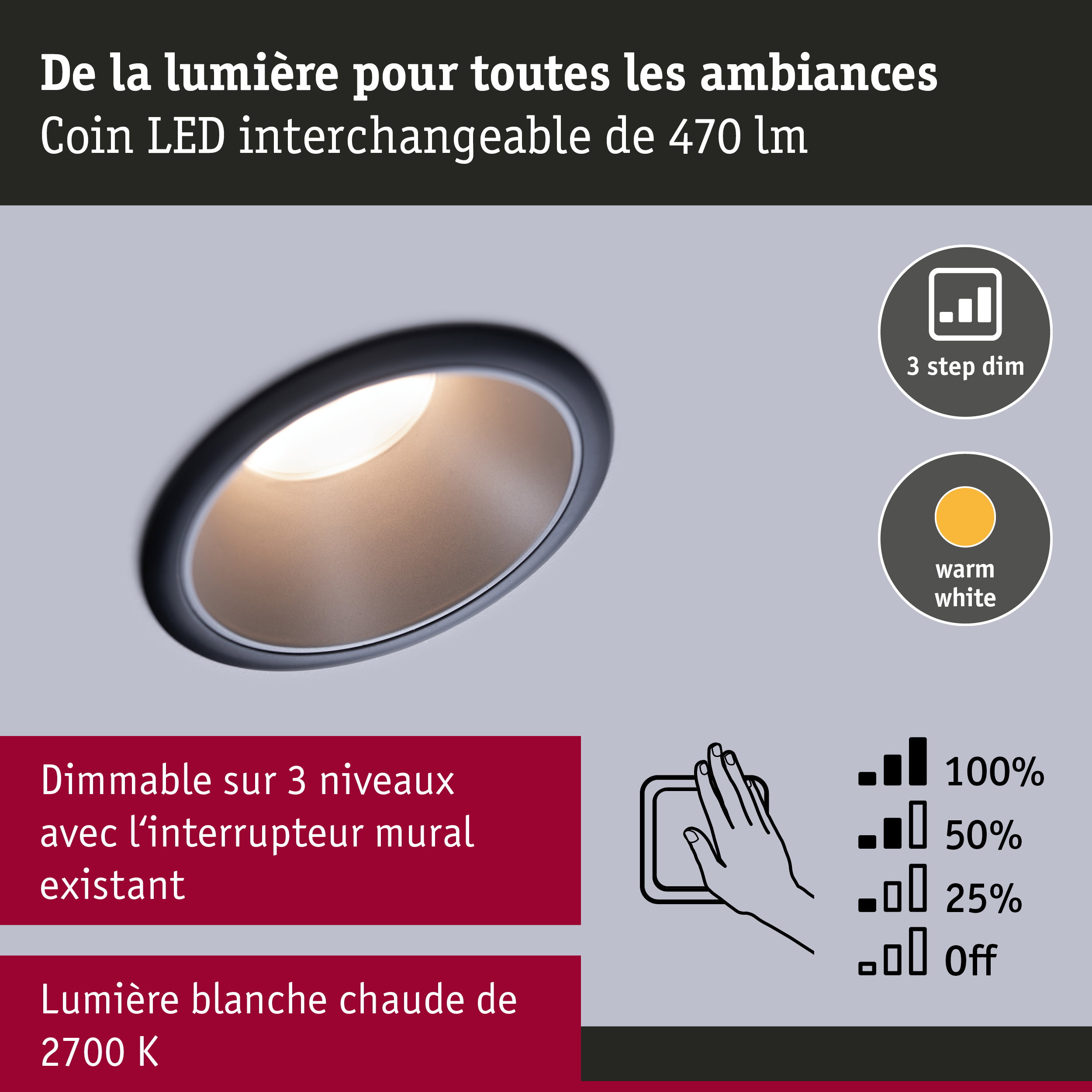 Spot LED encastrable avec module interchangeable de 470 lm et lumière blanc chaud 2700K