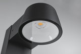 Black metal LED outdoor wall light with round glass and warm white light for garden lighting
