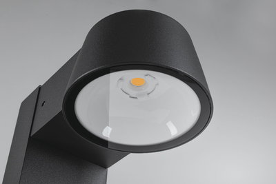Black metal LED outdoor wall light with round glass and warm white light for garden lighting