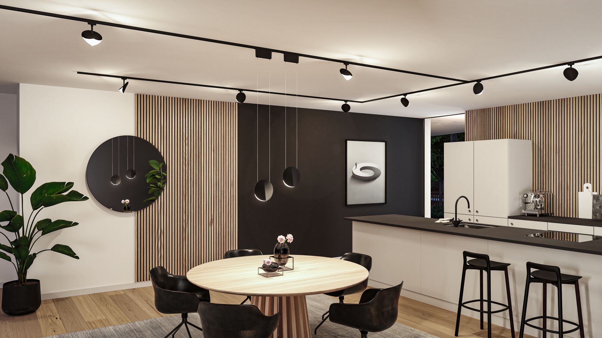 Moderne Küche mit runder Holz-Tischplatte, schwarzen Stühlen und minimalistischer LED-Deckenbeleuchtung