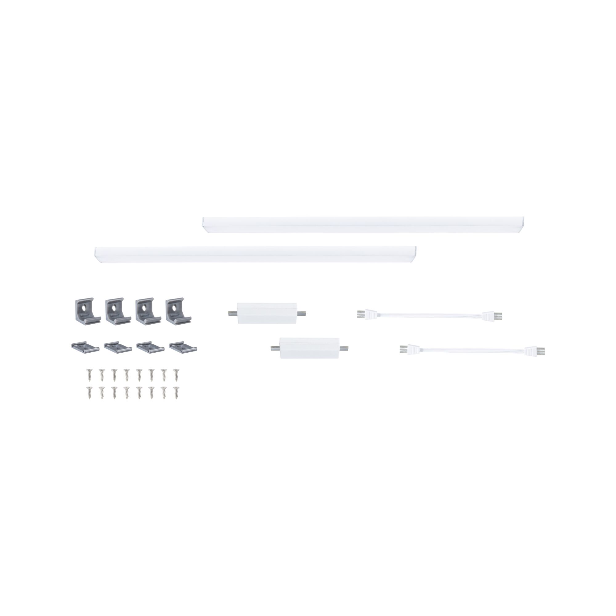 White LED under-cabinet lighting set with mounting clips and connectors for versatile lighting setups