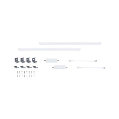 White LED under-cabinet lighting set with mounting clips and connectors for versatile lighting setups