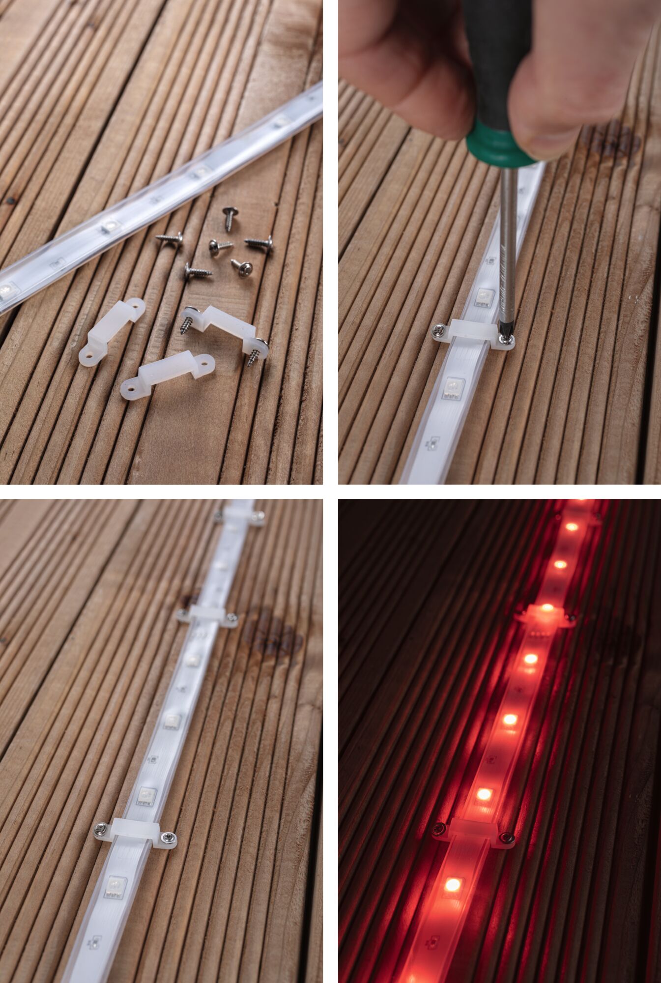 Collage en quatre parties d’une bande LED blanche avec vis et supports sur bois, installation et lumière rouge.
