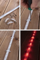 Collage en quatre parties d’une bande LED blanche avec vis et supports sur bois, installation et lumière rouge.