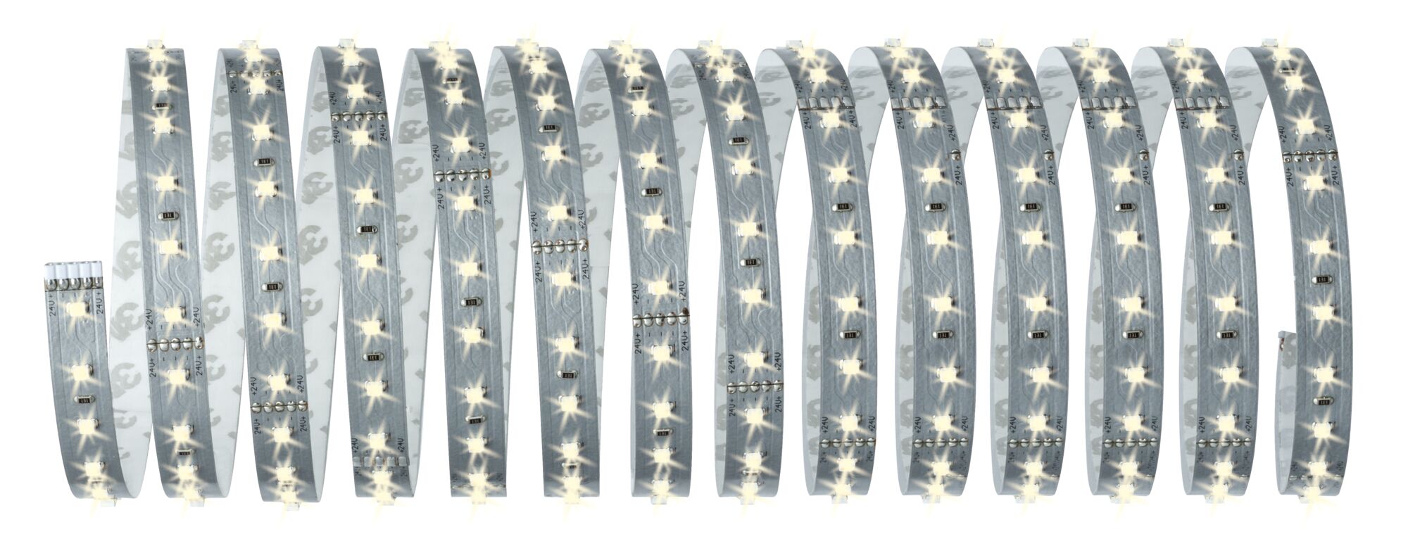 Flexibler LED-Lichtstreifen mit warmweißen LEDs auf silberner Platine für vielseitige Beleuchtung