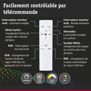 Télécommande blanche avec boutons pour lumière dimmable, changement de nuances de blanc et contrôle RGB