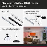 Modular URail system with rails, power supply, spot and pendant lights for flexible LED lighting solutions
