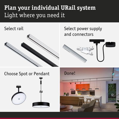 Modular URail system with rails, power supply, spot and pendant lights for flexible LED lighting solutions