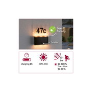 Black LED wall light with sensor and insect-friendly lighting for outdoor use with 3 meter detection range.