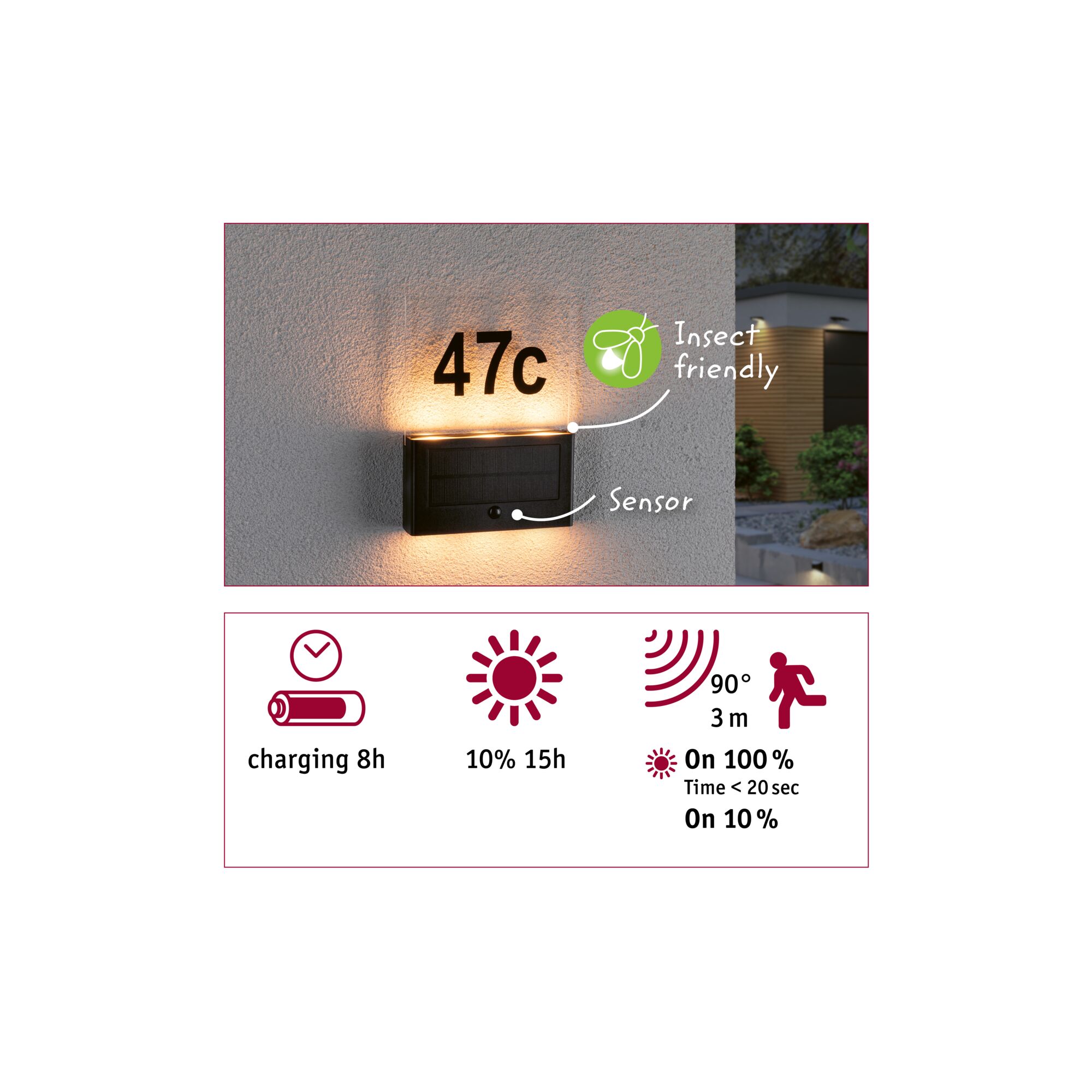 Black LED wall light with sensor and insect-friendly lighting for outdoor use with 3 meter detection range.