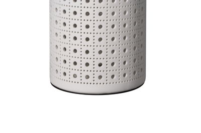 White ceramic lampshade with square perforation pattern and black base for decorative lighting