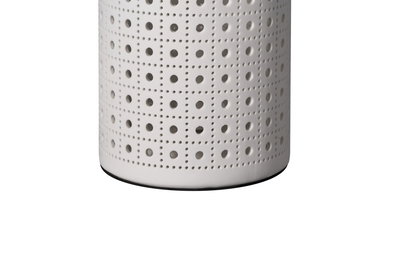 White ceramic lampshade with square perforation pattern and black base for decorative lighting