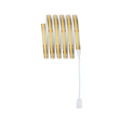 Flexible LED strip with warm white light and white connector cable for versatile lighting solutions.