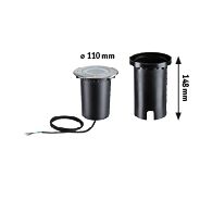 Sort LED-indbygningslampe i plastik med 110 mm diameter og 146 mm højde til udendørs brug.