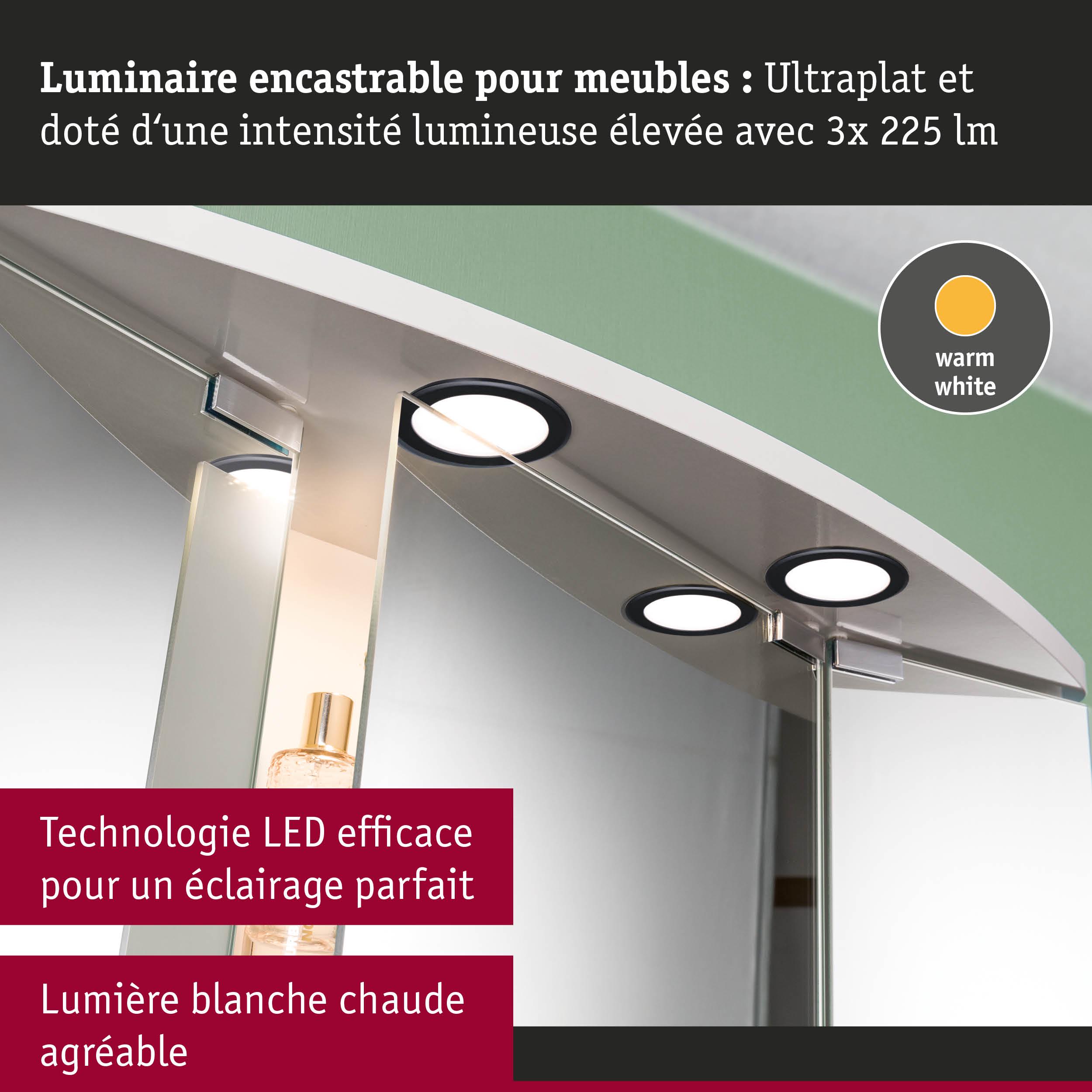Luminaire LED encastrable ultrafin noir avec lumière blanc chaud pour meubles