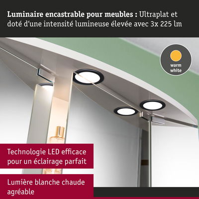 Luminaire LED encastrable ultrafin noir avec lumière blanc chaud pour meubles