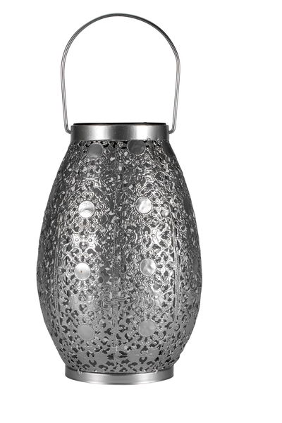 Silver metal lantern with intricate pattern and handle for decorative ambient lighting.