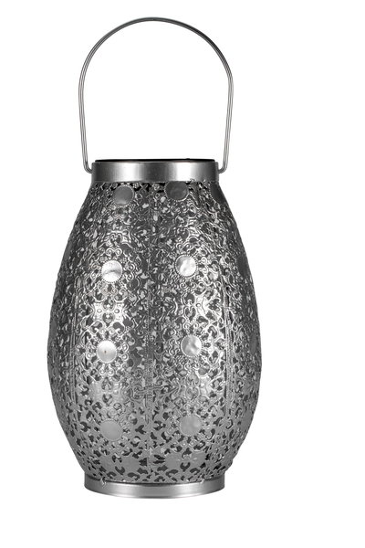 Silver metal lantern with intricate pattern and handle for decorative ambient lighting.
