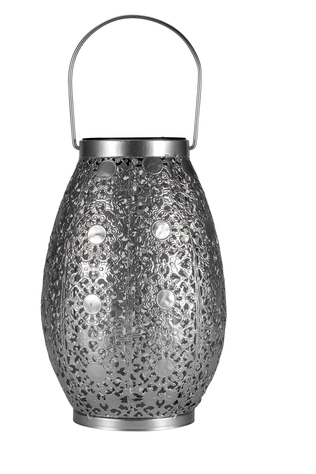 Pauleen Solar Lantern Sunshine Temptation IP44 3000K 1lm Silver Silver metal lantern with intricate cut-out pattern and handle for decorative garden lighting