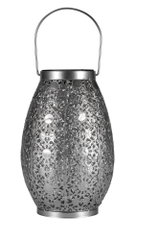 Silver metal lantern with intricate cut-out pattern and handle for decorative garden lighting