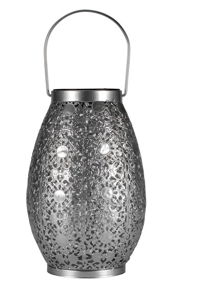 Silver metal lantern with intricate cut-out pattern and handle for decorative garden lighting