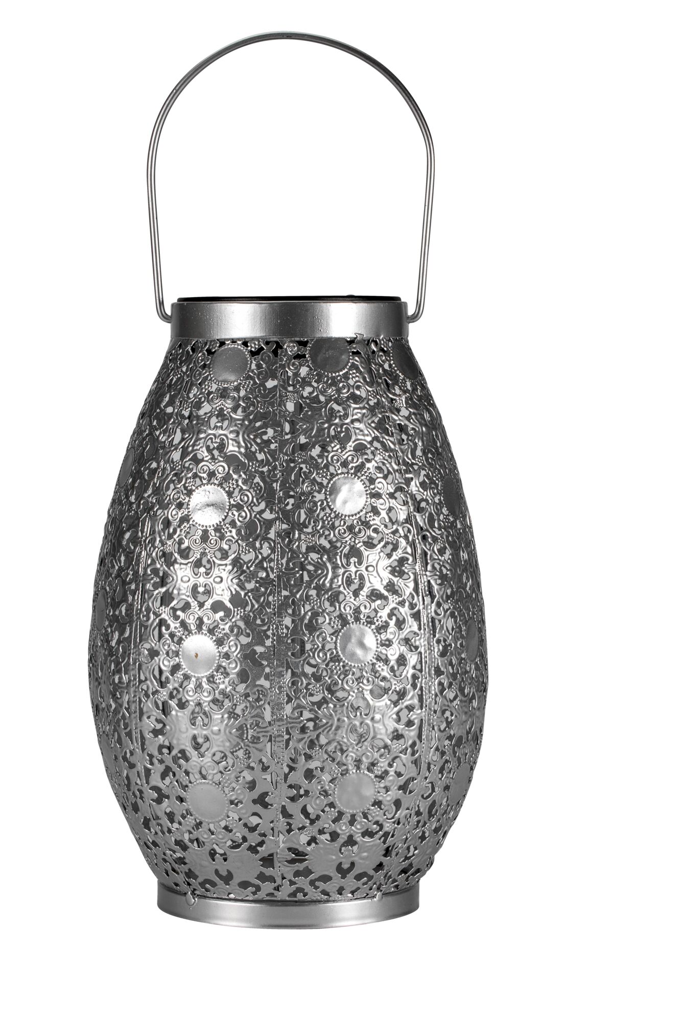 Silver metal lantern with intricate cut-out pattern and handle for decorative garden lighting