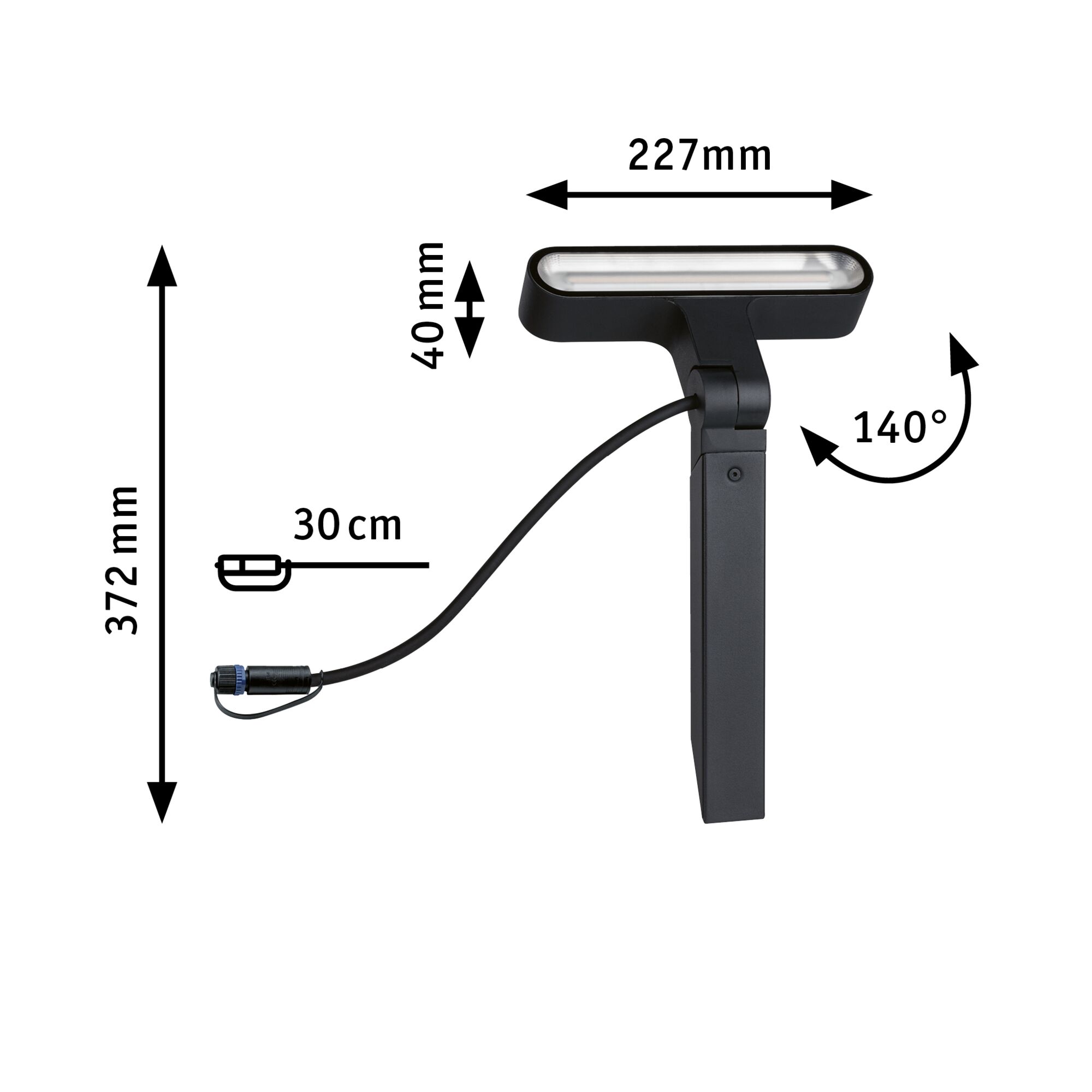 Black LED outdoor light with adjustable head and 30 cm cable for garden lighting