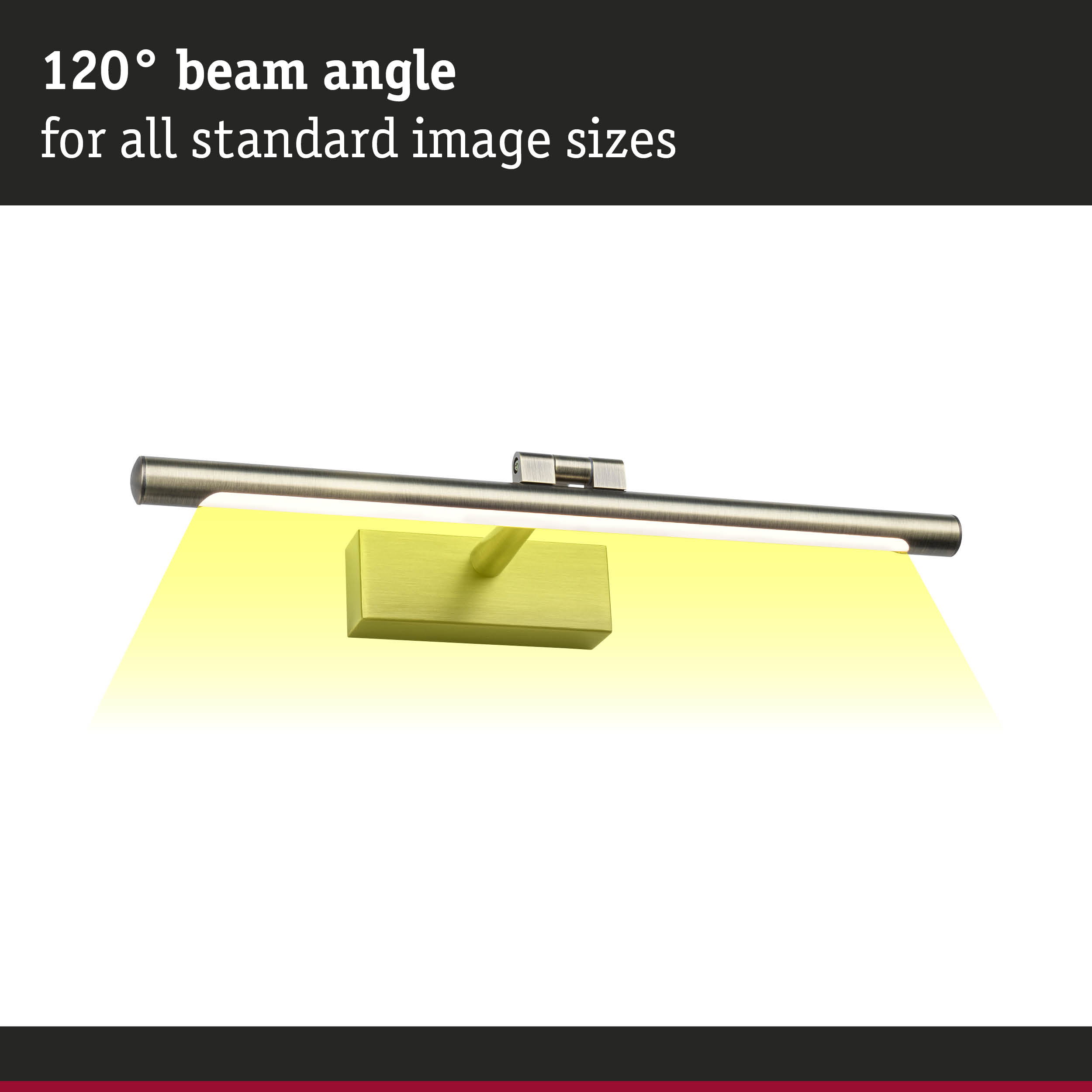 Brushed metal wall light with 120° beam angle and yellow light for picture lighting
