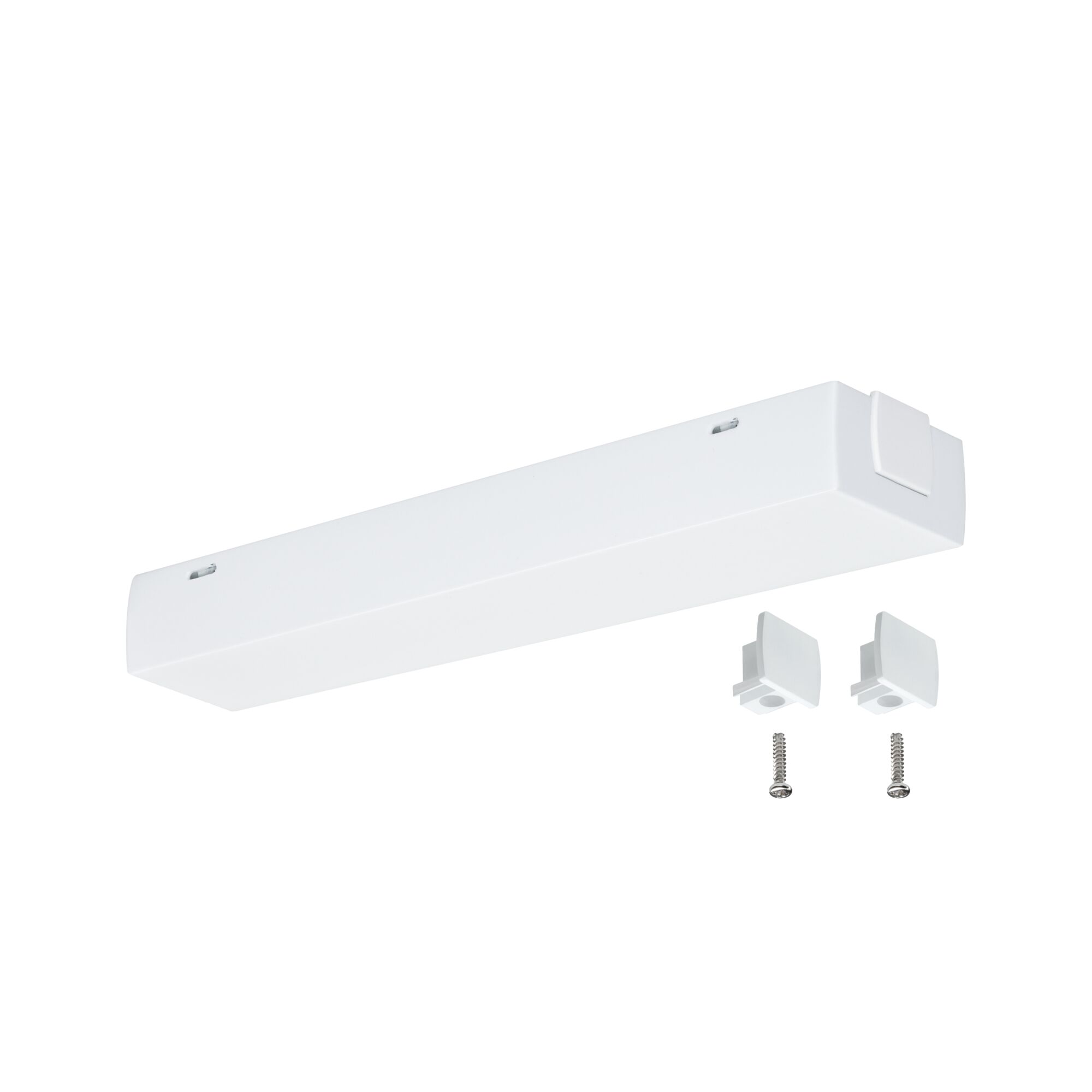 Wit kunststof lichtprofiel met twee beugels en schroeven voor LED-verlichtingssystemen.