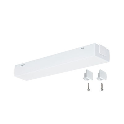White plastic light profile with two brackets and screws for LED lighting systems.