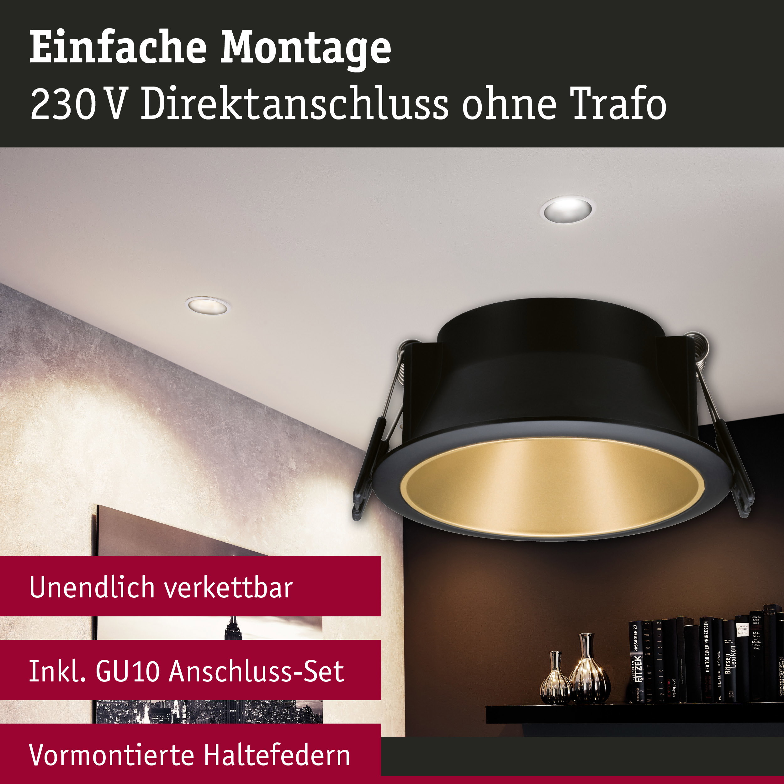 Schwarzer Einbaustrahler mit goldfarbener Innenfläche an weißer Decke für moderne LED-Beleuchtung