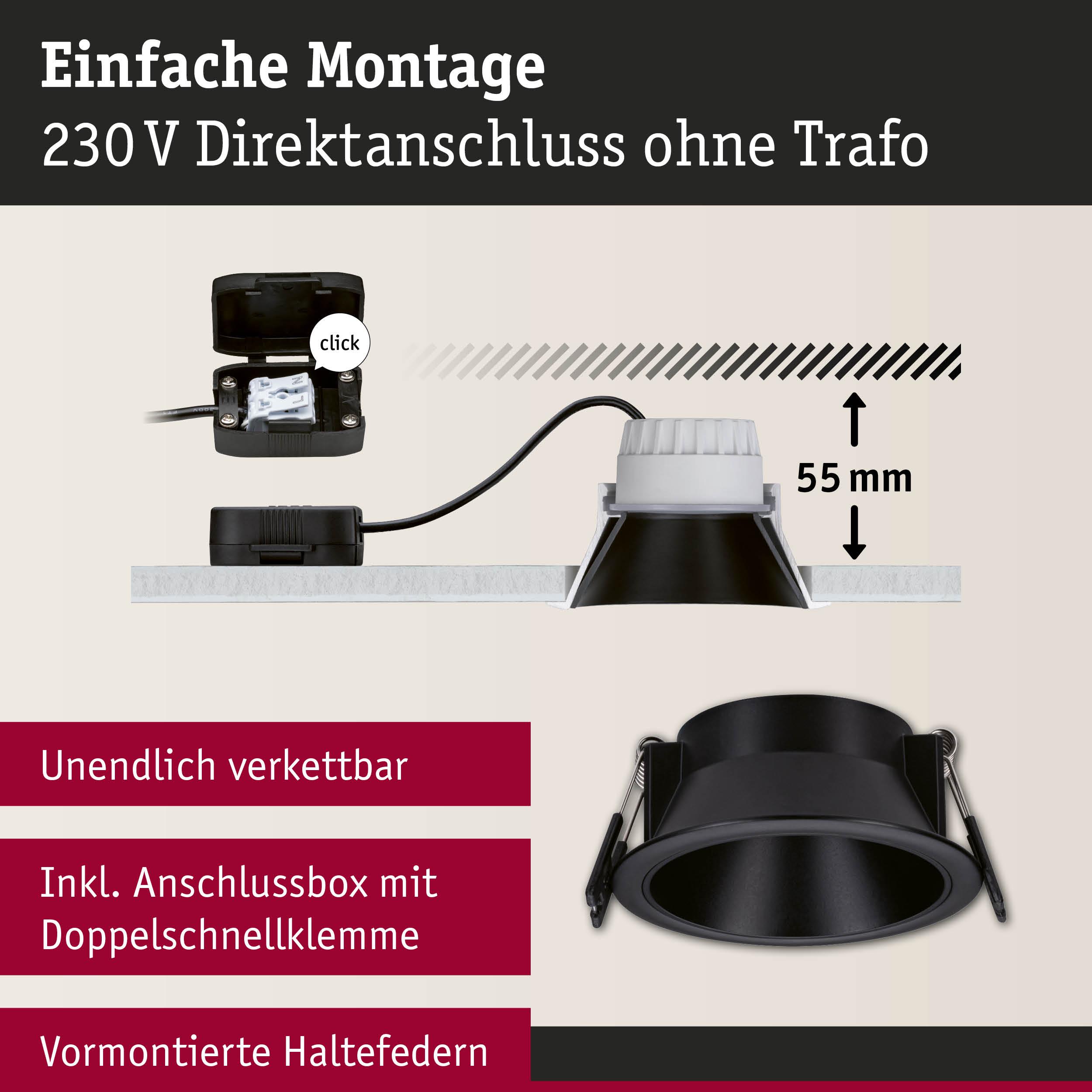 Schwarzer Einbaustrahler mit Anschlussbox und Doppelschnellklemme, 55 mm Einbautiefe, einfache Montage
