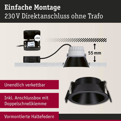 Schwarzer Einbaustrahler mit Anschlussbox und Doppelschnellklemme, 55 mm Einbautiefe, einfache Montage