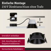Schwarzer Einbaustrahler mit 55 mm Einbautiefe und Anschlussbox für 230 V Direktanschluss ohne Trafo