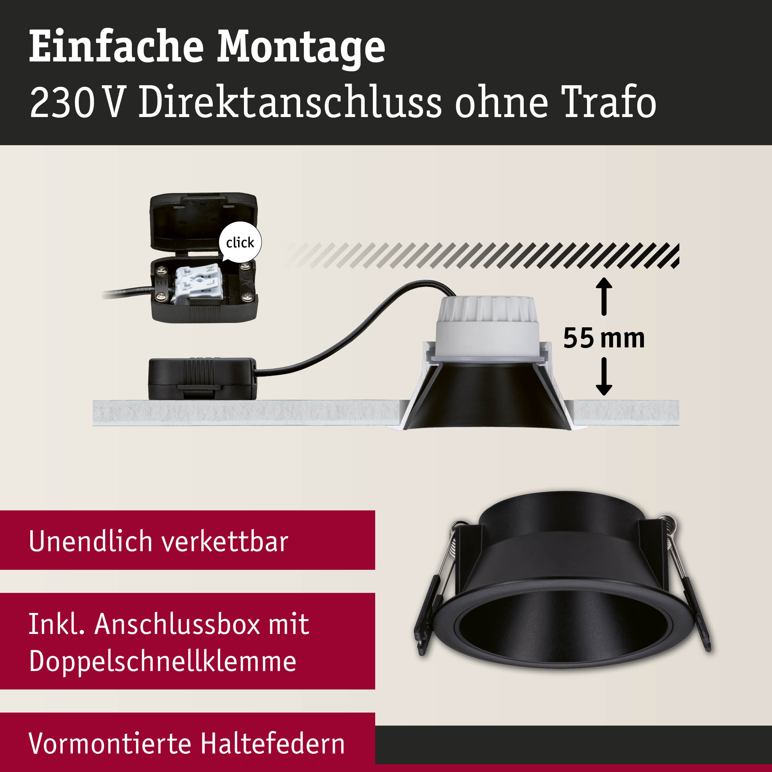 Schwarzer Einbaustrahler mit 55 mm Einbautiefe und Anschlussbox für 230 V Direktanschluss ohne Trafo