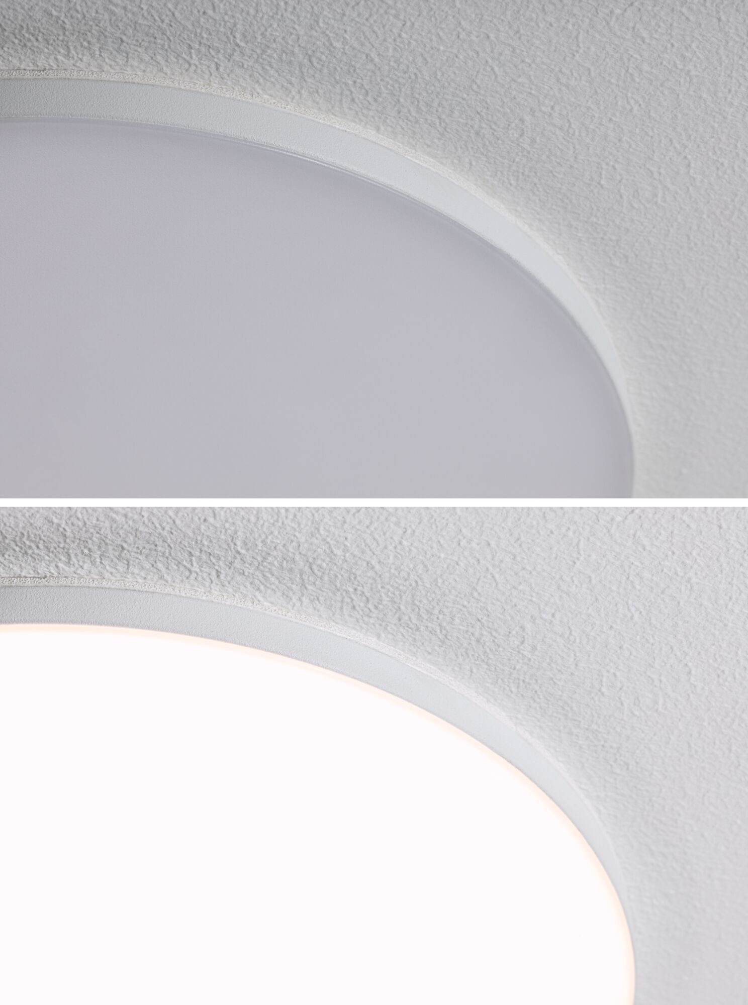 Close-up of round white LED ceiling light with fine edge and textured ceiling surface