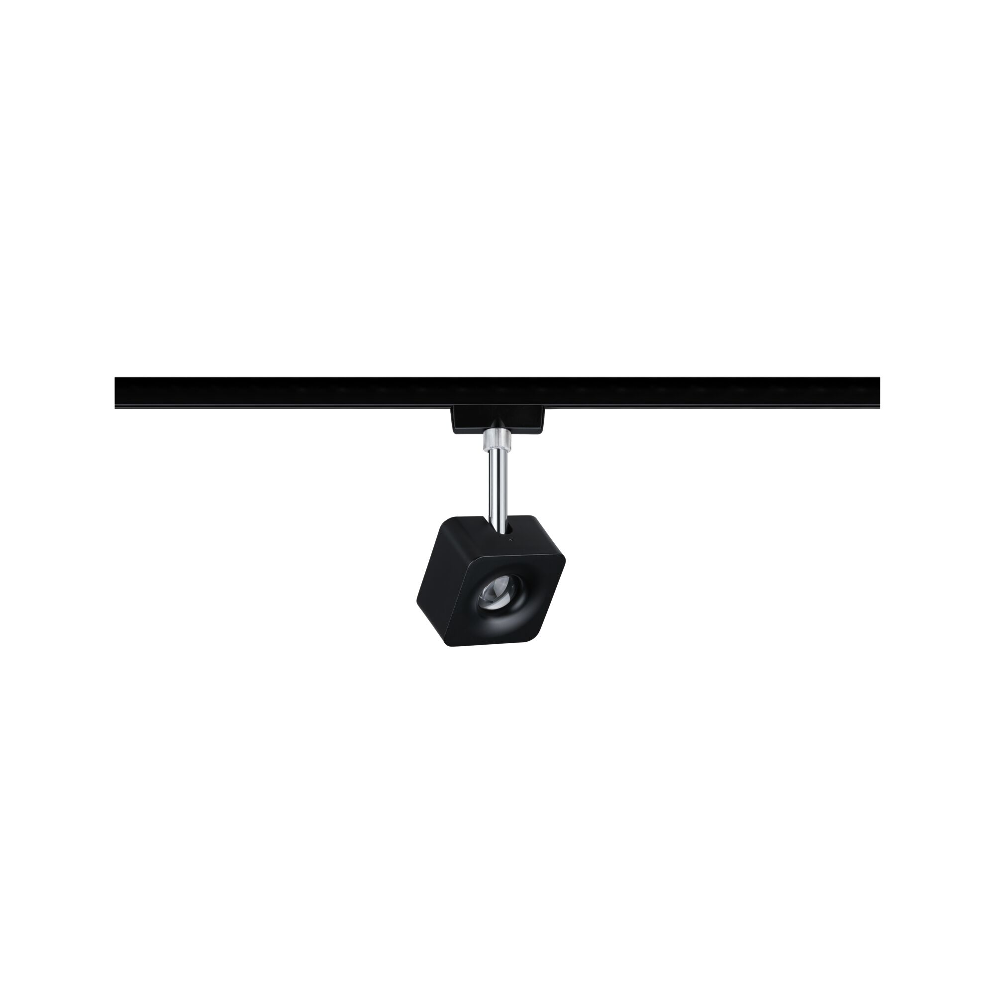 Black square metal LED spotlight on black track for modern indoor lighting solutions