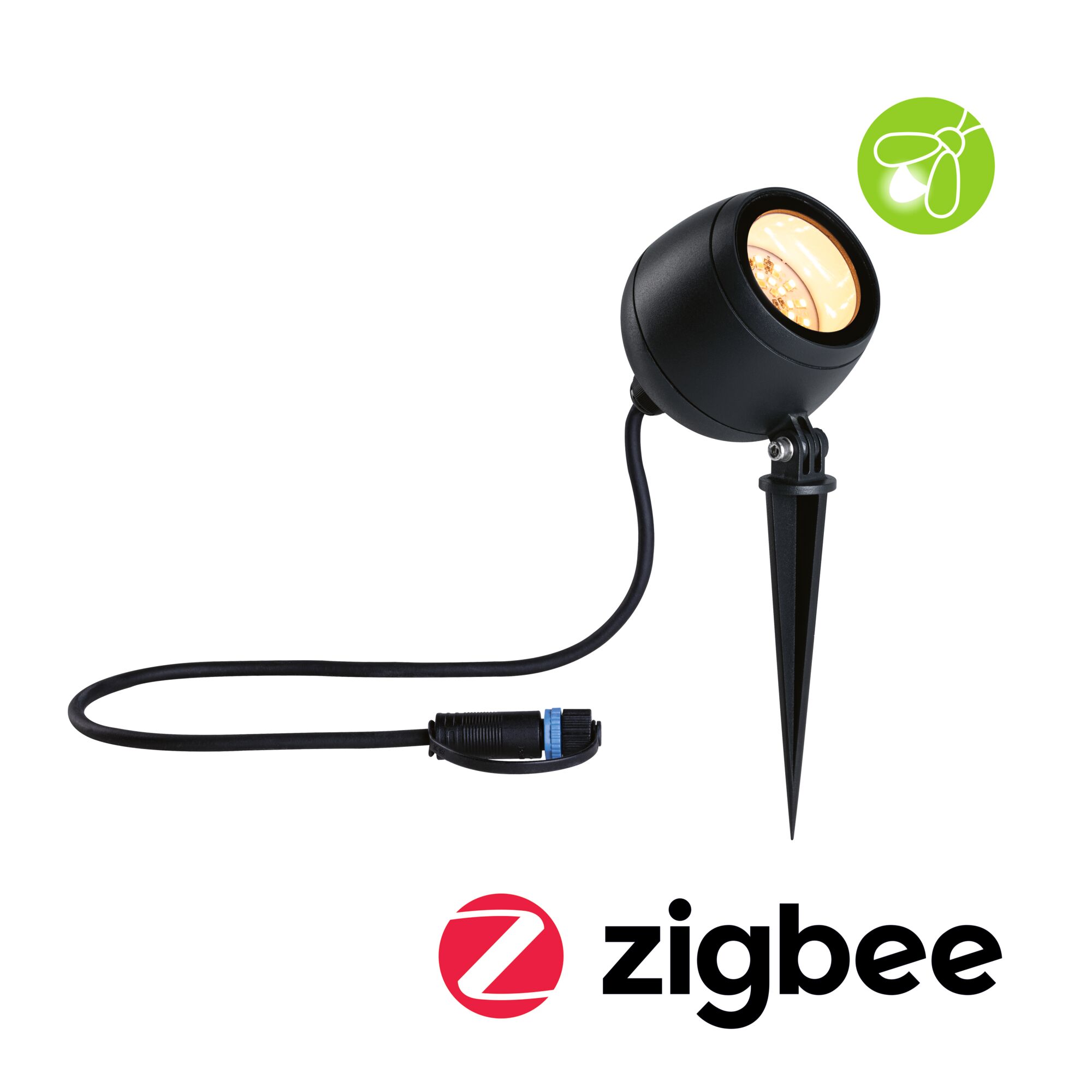 Plug & Shine LED Garden spotlight Smart Home Zigbee 3.0 Kikolo insect friendly IP65 Tunable Warm 6,2W Anthracite Black LED garden spotlight with ground spike and cable, compatible with Zigbee smart home system.