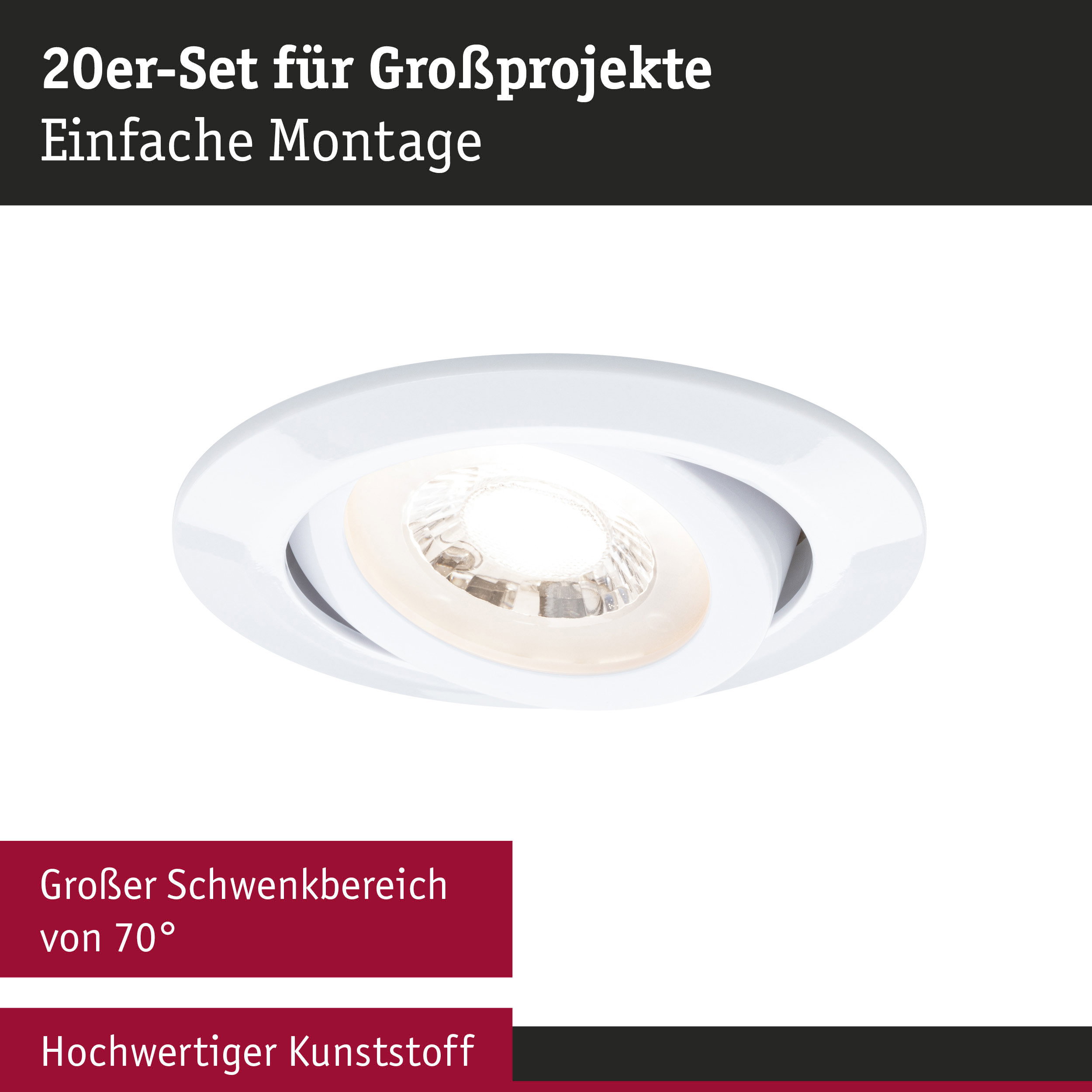Weißer Einbaustrahler aus hochwertigem Kunststoff mit großem Schwenkbereich für Beleuchtungsprojekte